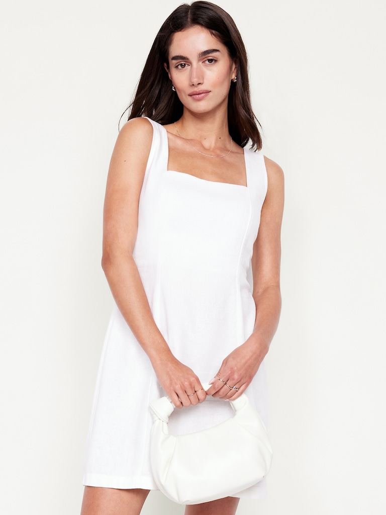 Square-Neck Linen-Blend Mini Dress