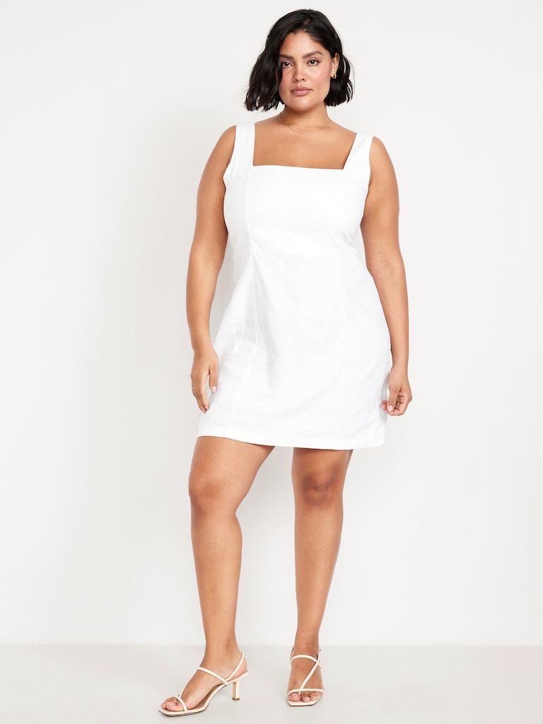 Square-Neck Linen-Blend Mini Dress
