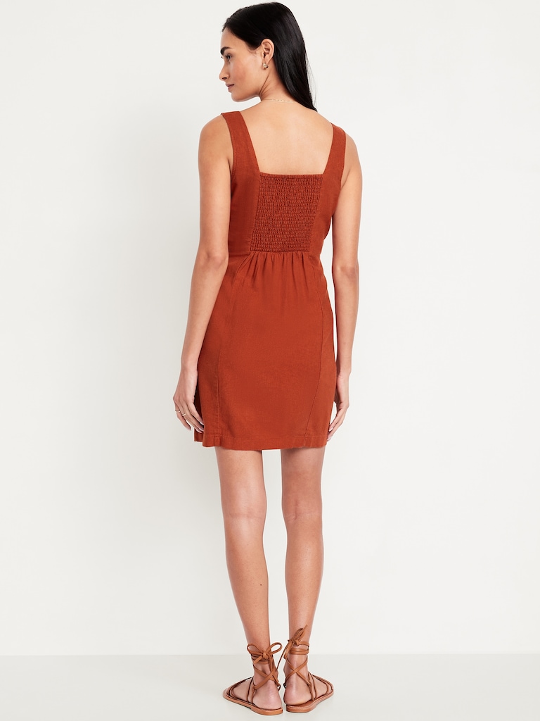 Square-Neck Linen-Blend Mini Dress
