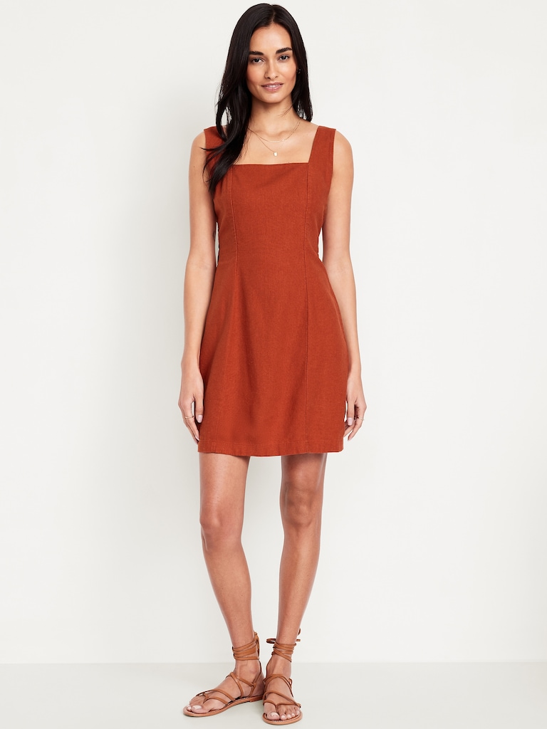 Square-Neck Linen-Blend Mini Dress