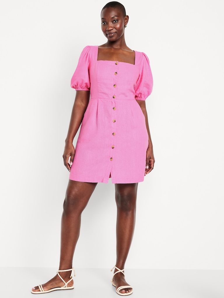 Puff-Sleeve Linen-Blend Mini Dress