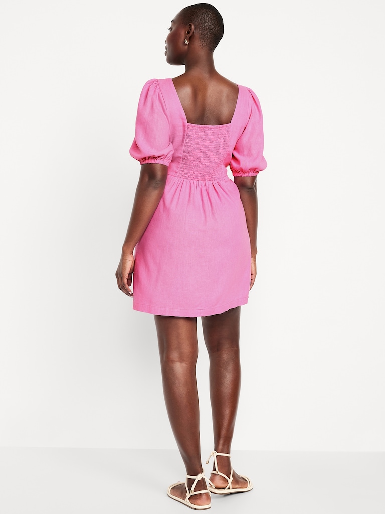 Puff-Sleeve Linen-Blend Mini Dress