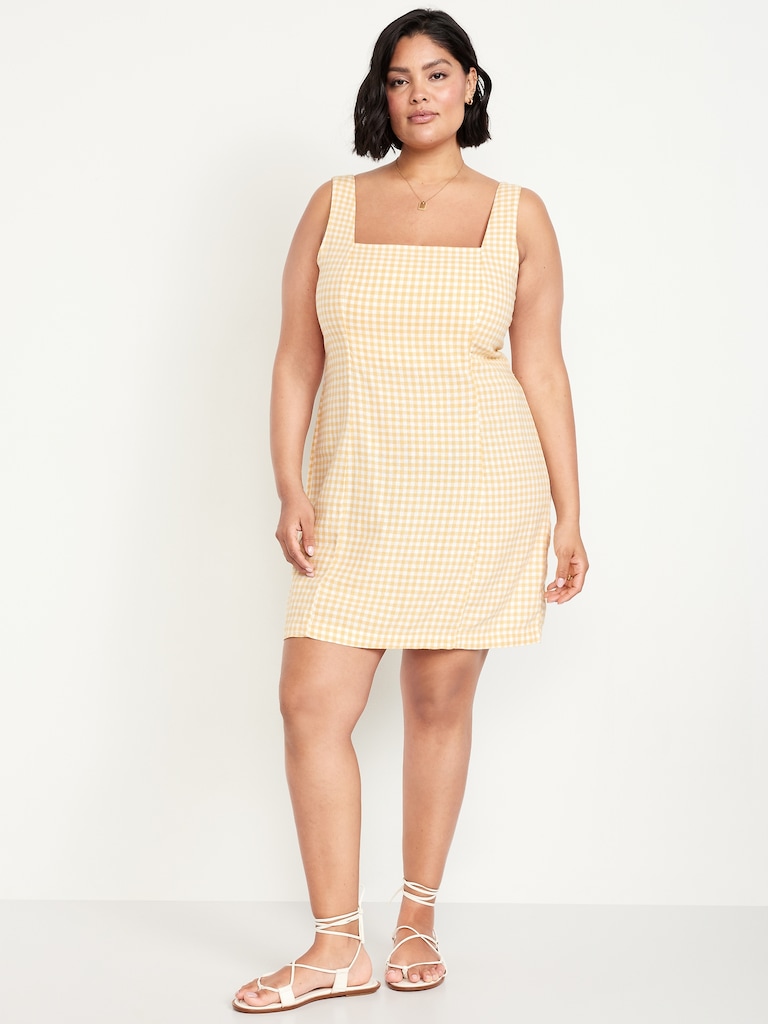 Square-Neck Linen-Blend Mini Dress