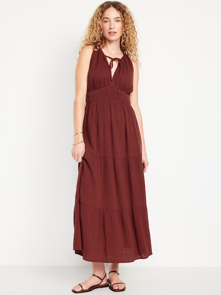 Fit & Flare Crinkle Gauze Maxi Dress