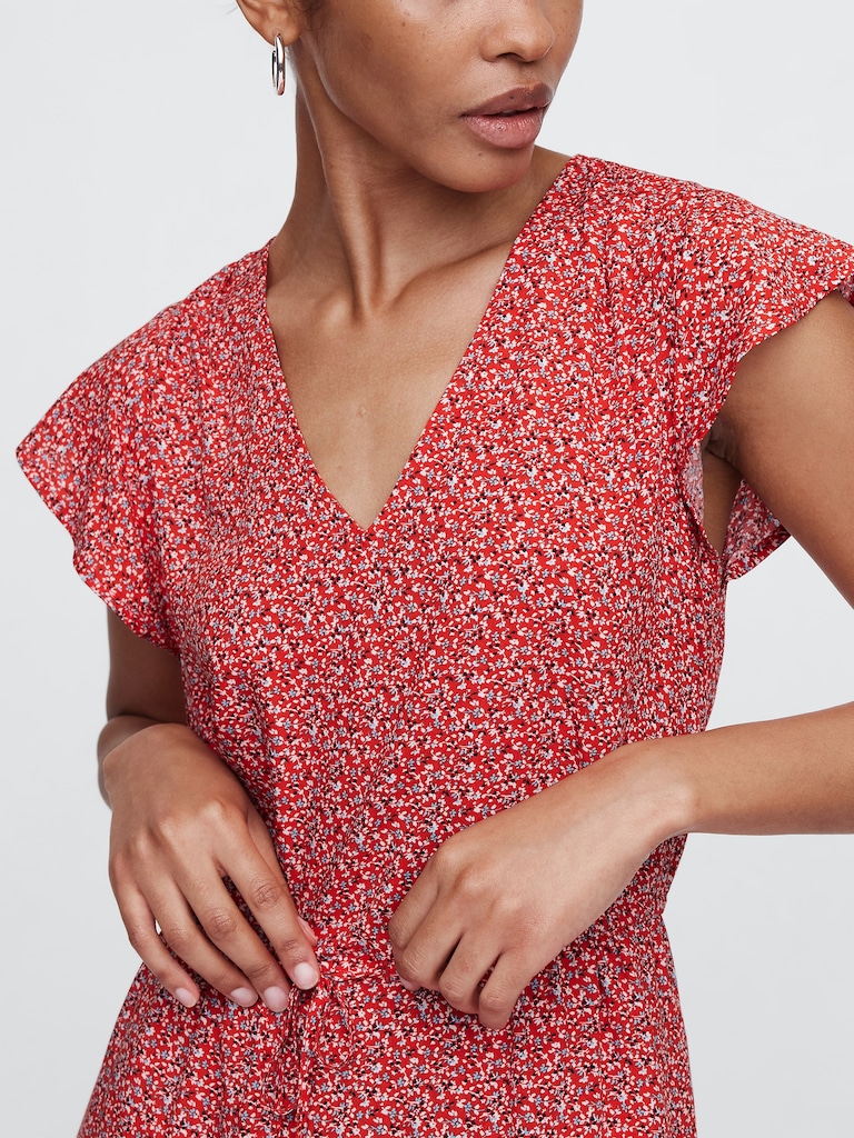 Flutter Sleeve Tie-Waist Mini Dress