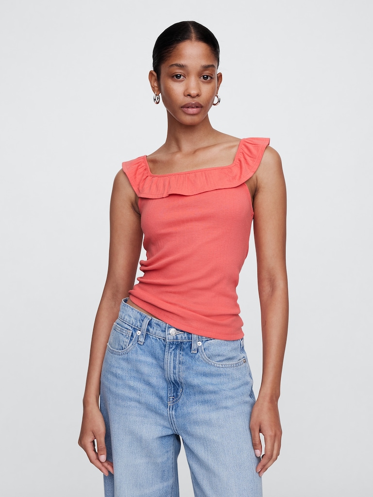 Ribbed Squareneck Ruffle Top