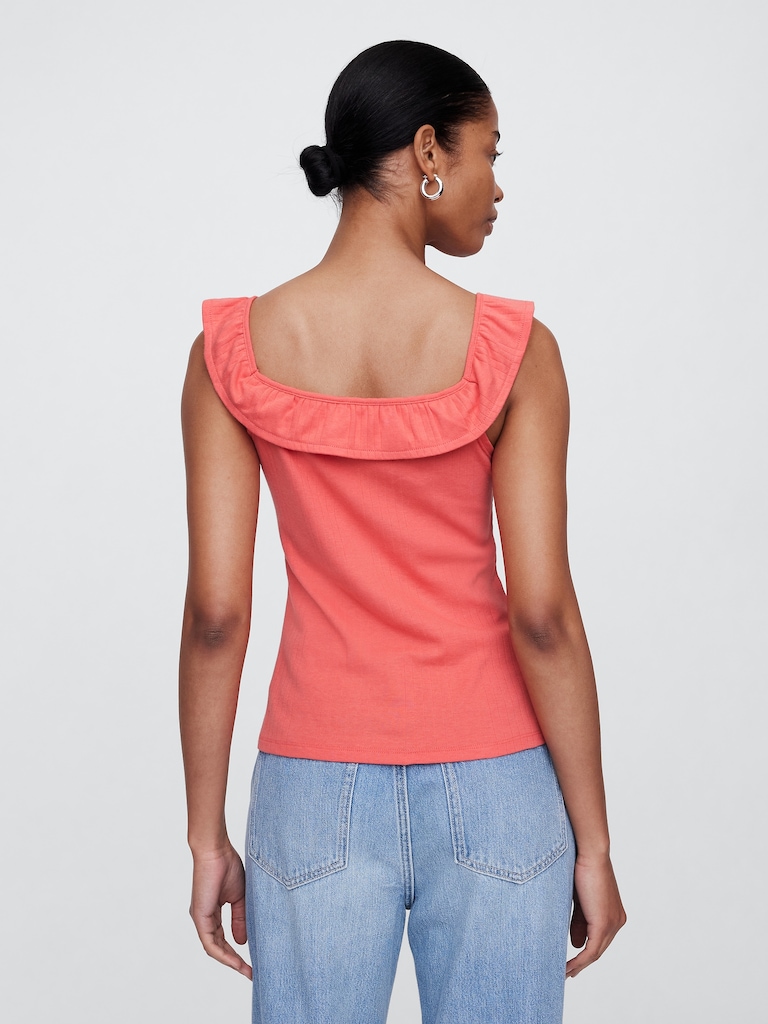 Ribbed Squareneck Ruffle Top