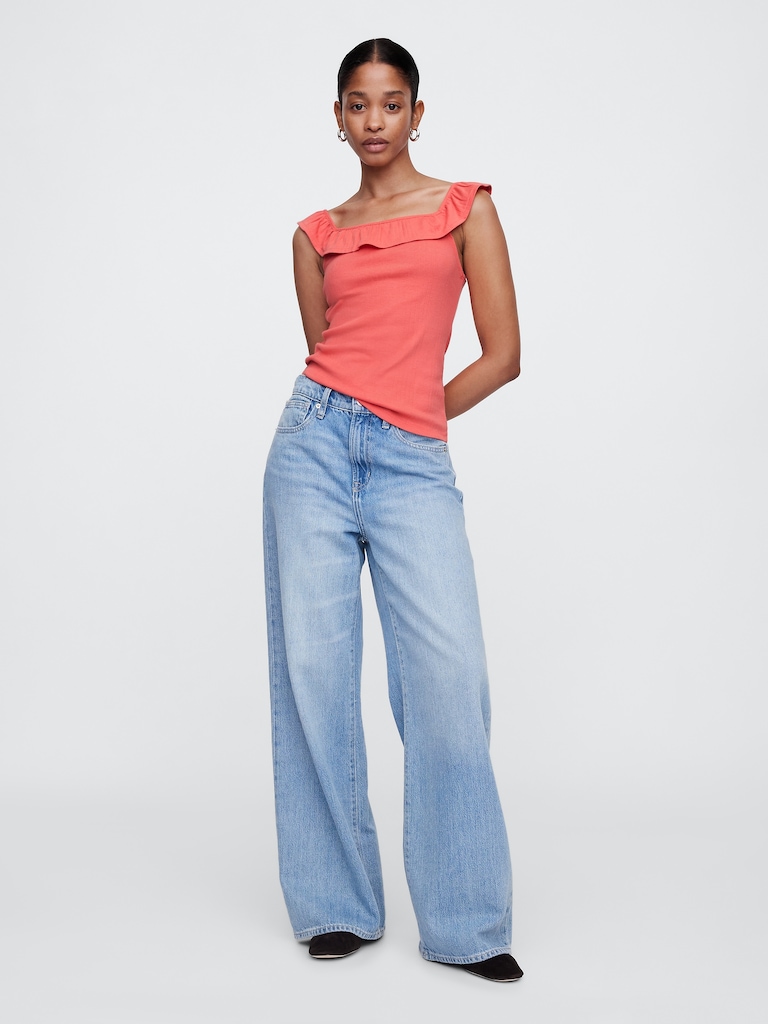 Ribbed Squareneck Ruffle Top