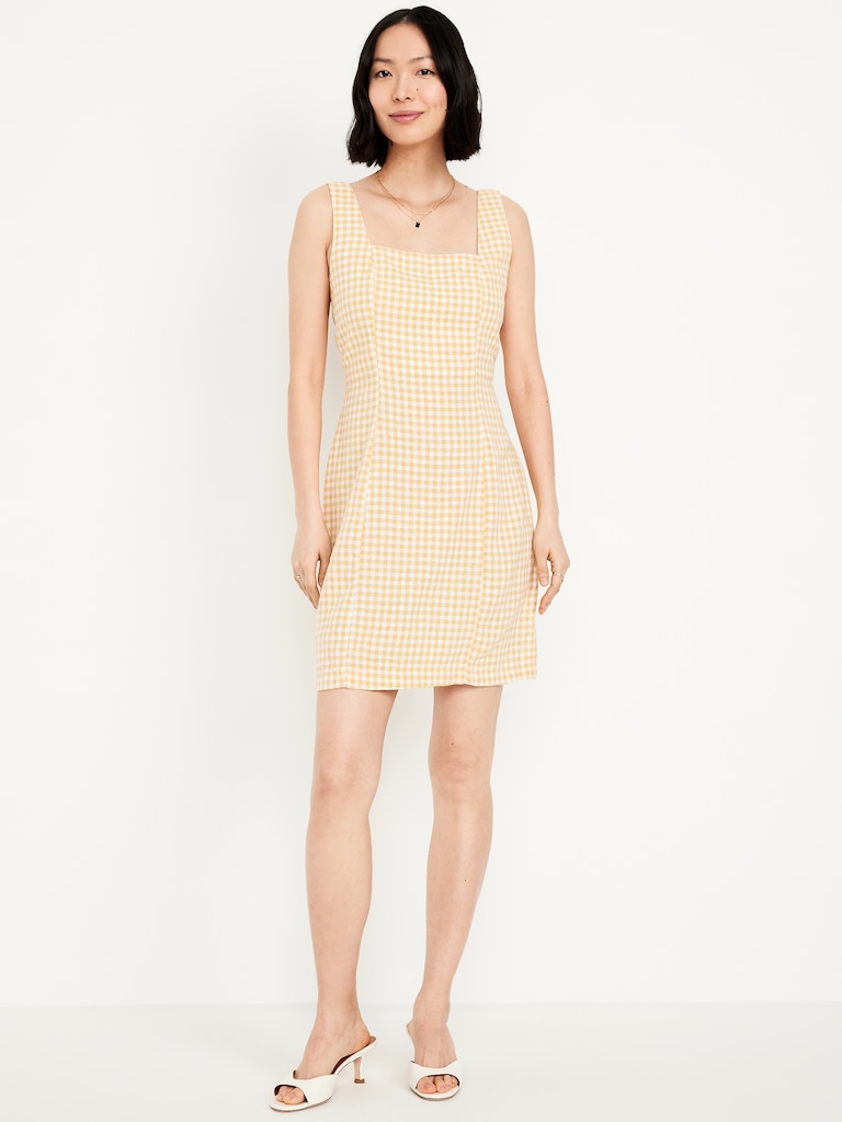 Square-Neck Linen-Blend Mini Dress
