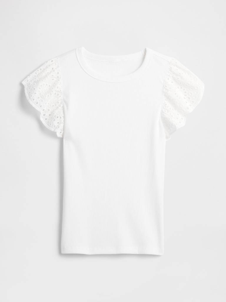 Ribbed Eyelet Flutter Sleeve T-Shirt