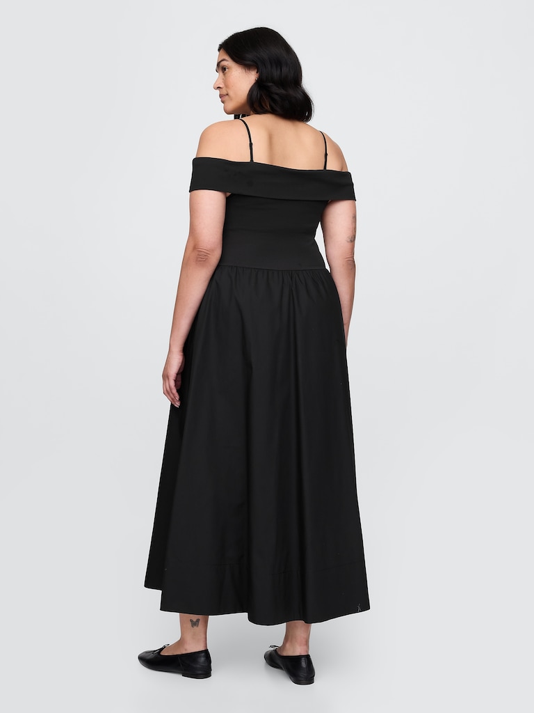 Mixed Media Off-Shoulder Midi Dress