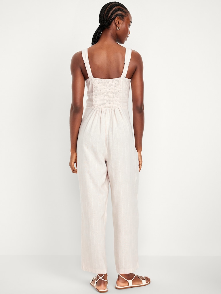 Button-Front Linen-Blend Cami Jumpsuit