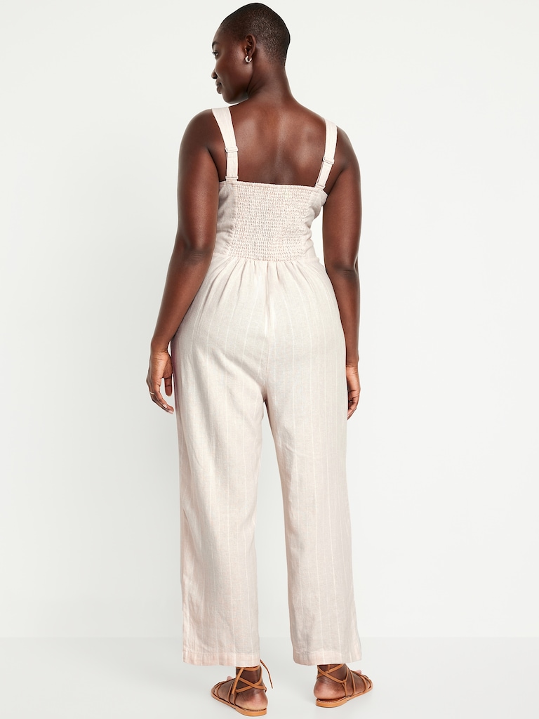 Button-Front Linen-Blend Cami Jumpsuit
