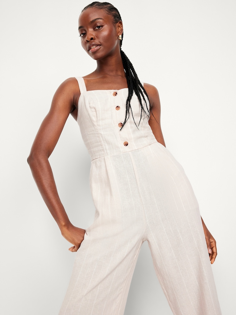 Button-Front Linen-Blend Cami Jumpsuit