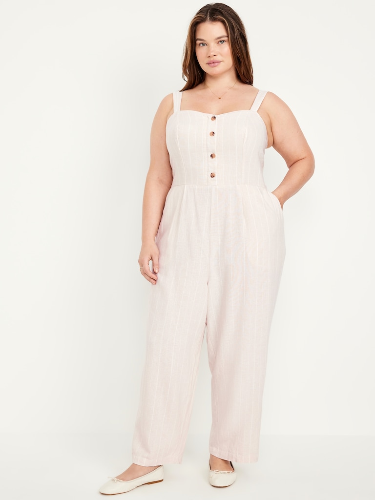 Button-Front Linen-Blend Cami Jumpsuit