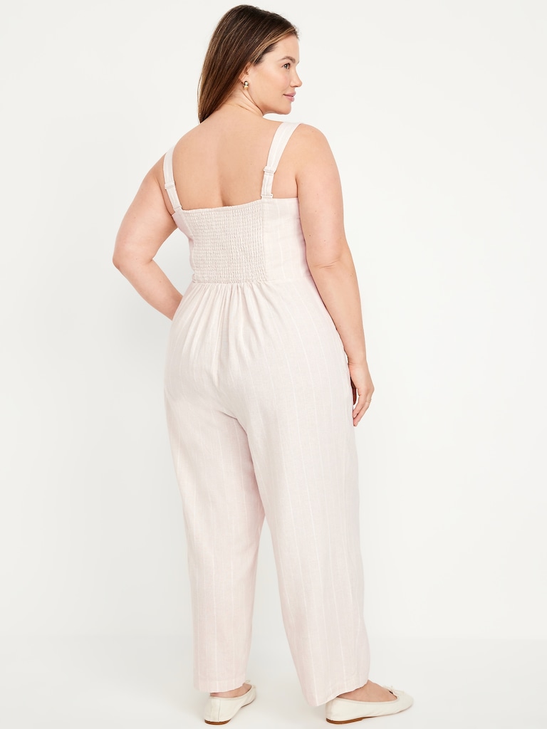 Button-Front Linen-Blend Cami Jumpsuit