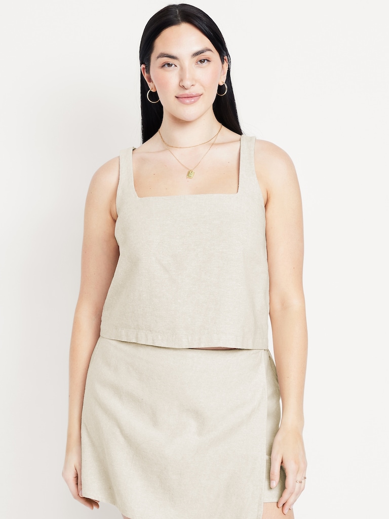 Cropped Square-Neck Linen-Blend Top