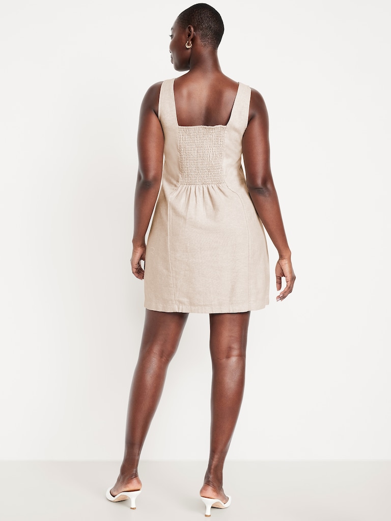 Square-Neck Linen-Blend Mini Dress