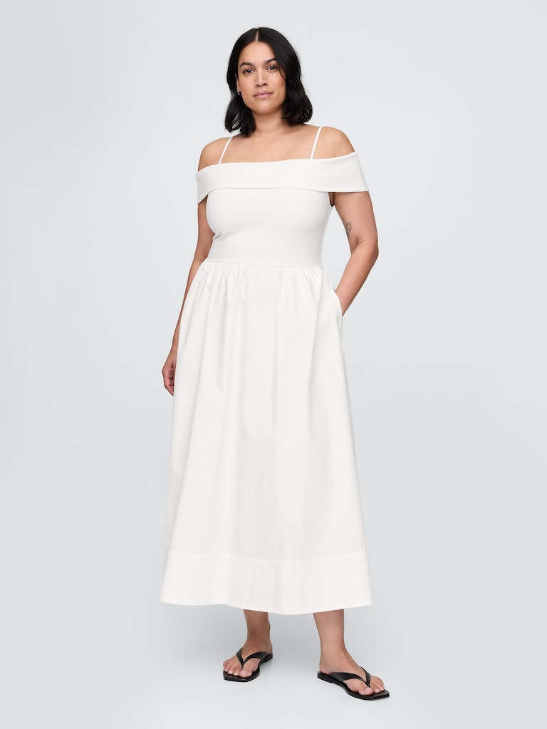 Mixed Media Off-Shoulder Midi Dress