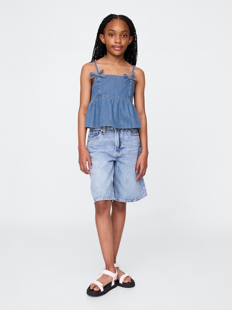Kids Denim Bow-Strap Peplum Top