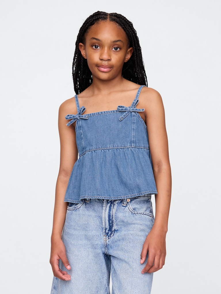 Kids Denim Bow-Strap Peplum Top