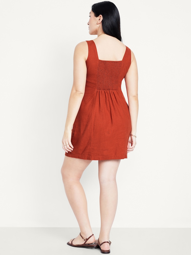 Square-Neck Linen-Blend Mini Dress