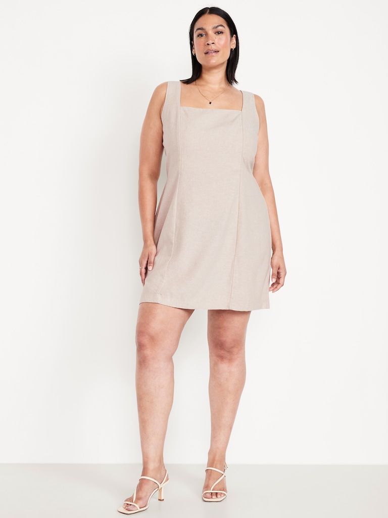 Square-Neck Linen-Blend Mini Dress