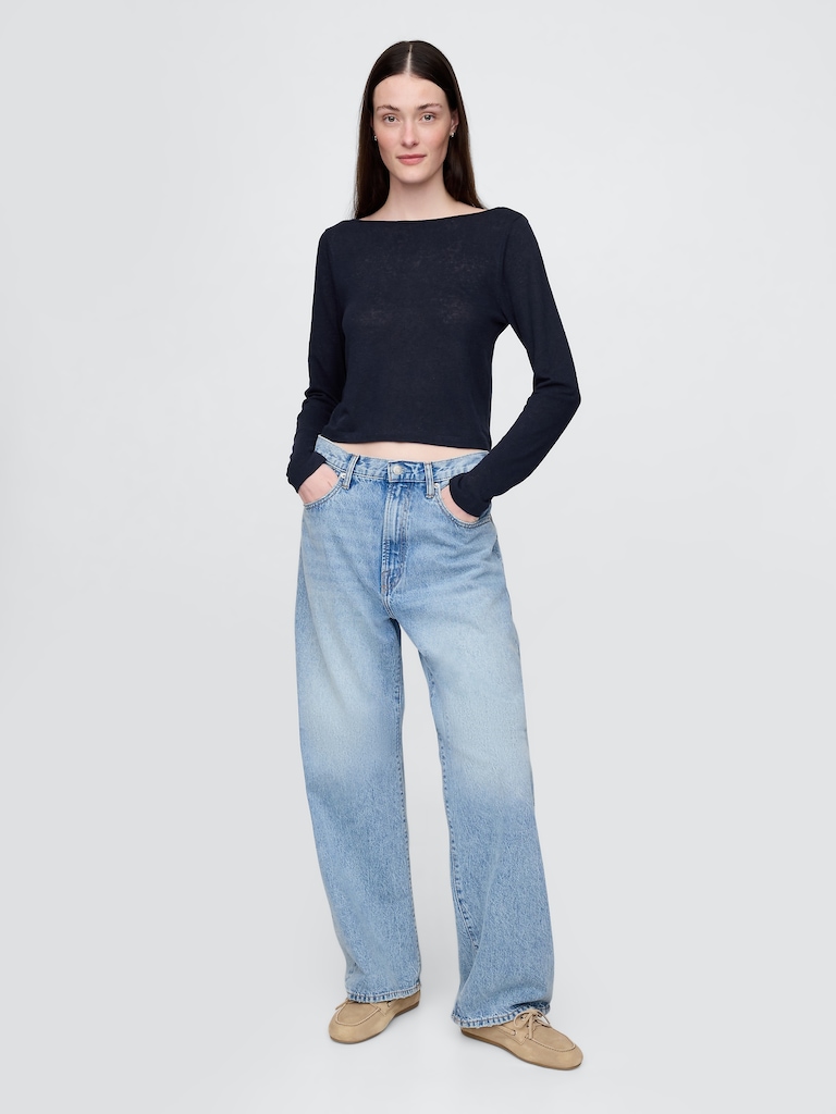 Linen-Blend Boatneck Crop T-Shirt