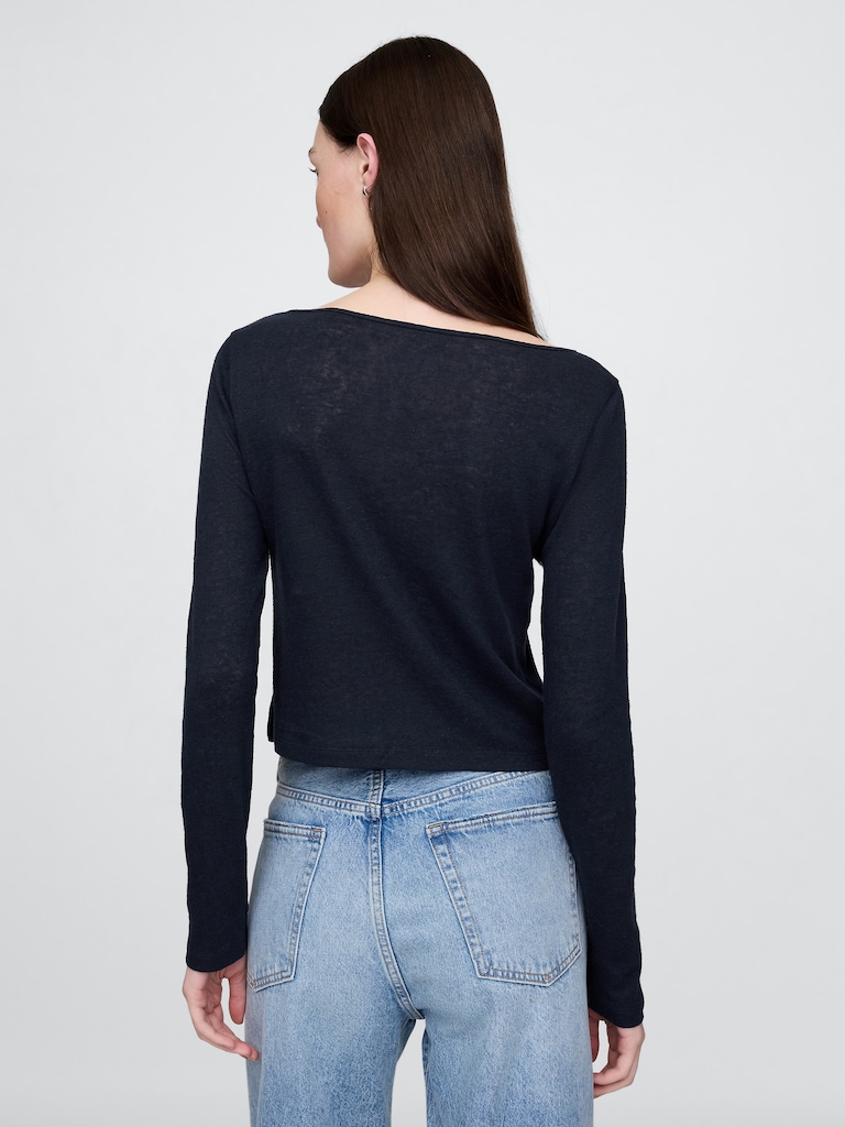 Linen-Blend Boatneck Crop T-Shirt