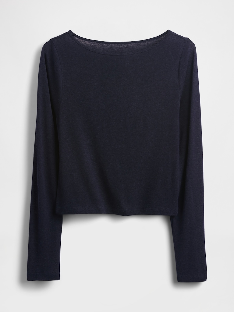 Linen-Blend Boatneck Crop T-Shirt
