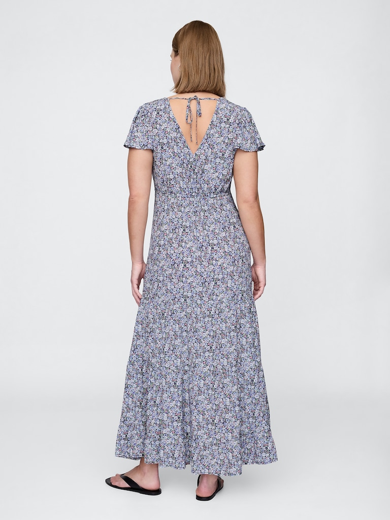 Crepe Tiered V-Neck Maxi Dress