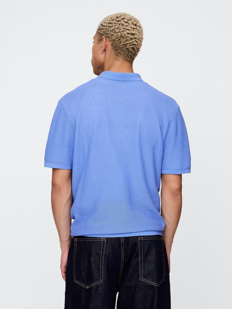 Textured Crochet Polo Sweater