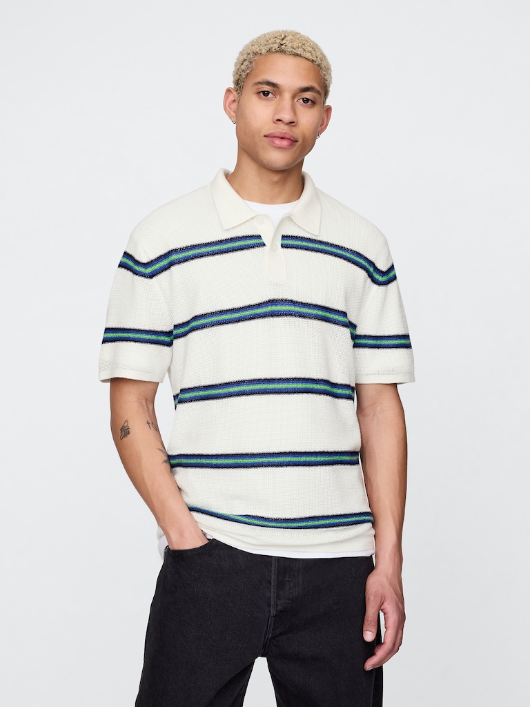 Textured Crochet Polo Sweater