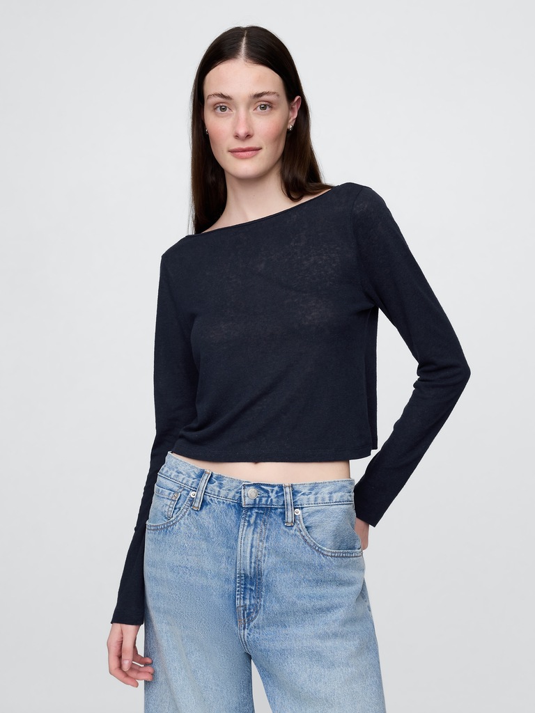 Linen-Blend Boatneck Crop T-Shirt