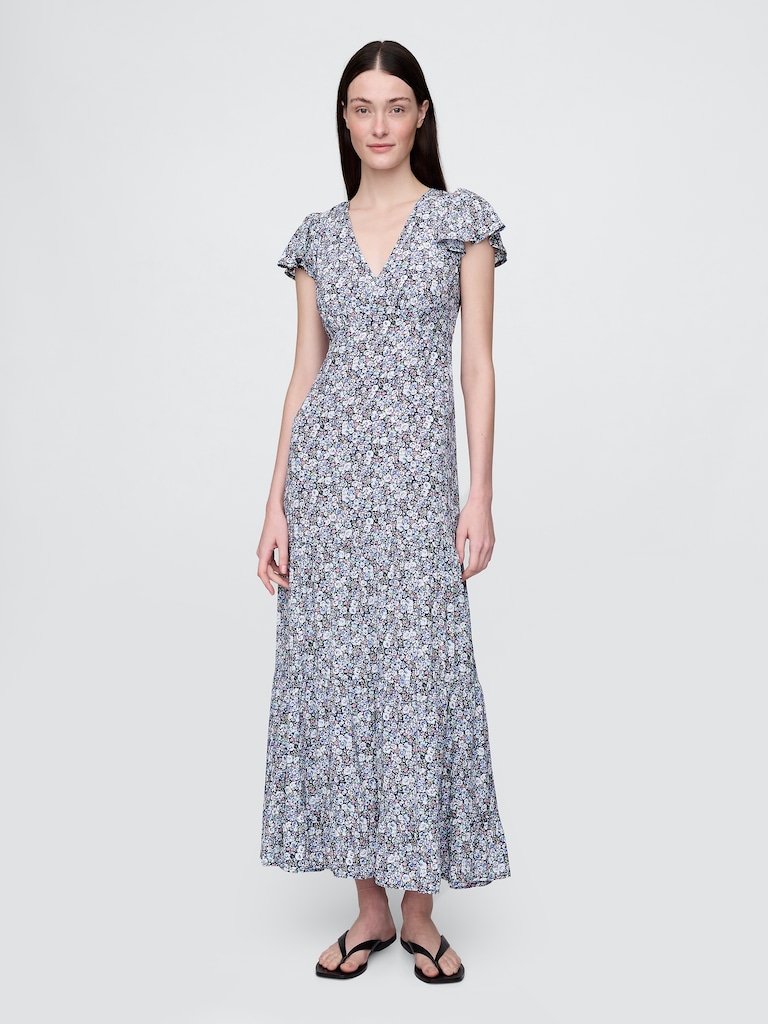 Crepe Tiered V-Neck Maxi Dress