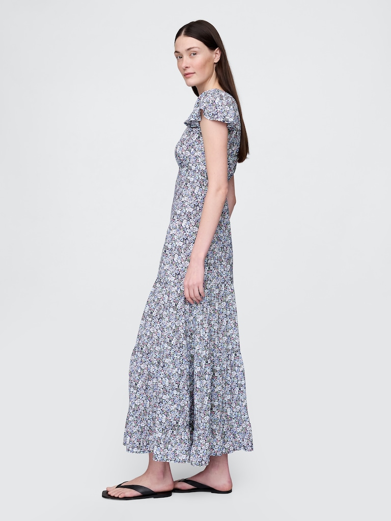Crepe Tiered V-Neck Maxi Dress