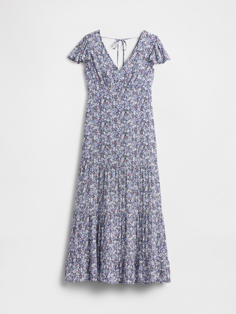 Crepe Tiered V-Neck Maxi Dress