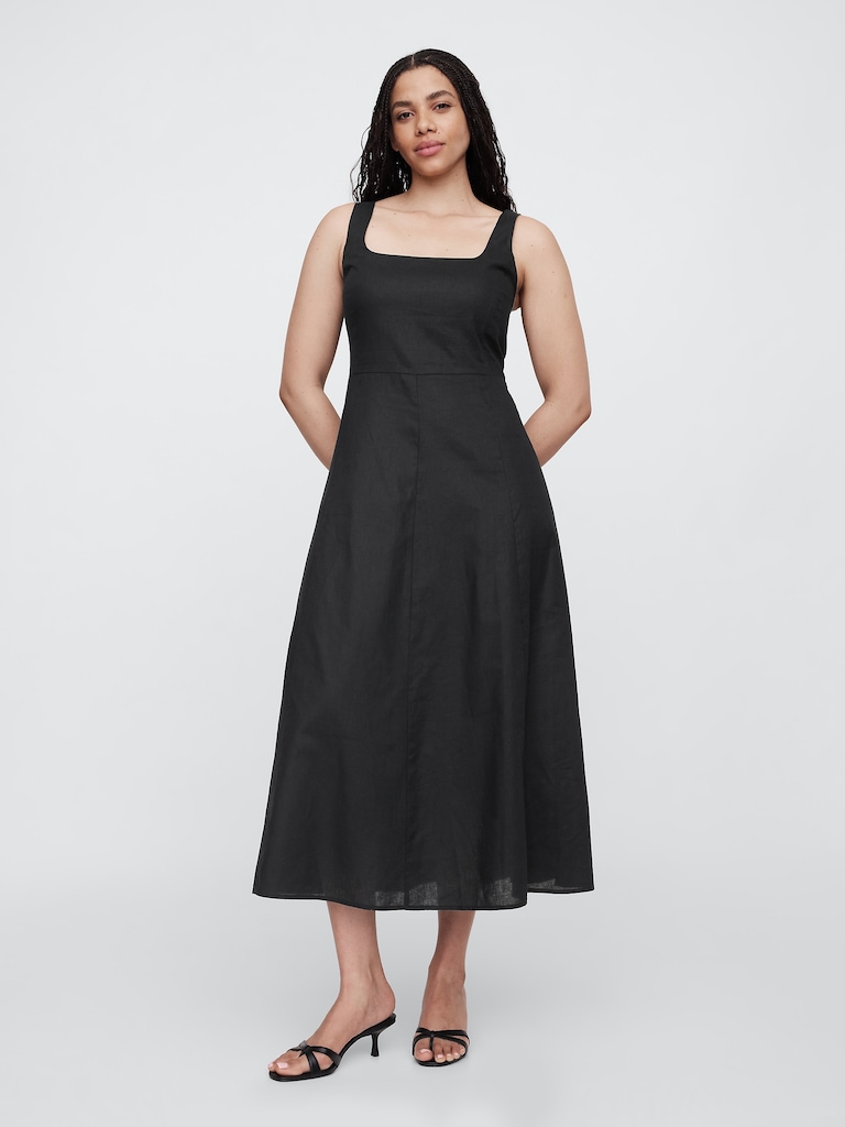 Linen-Blend Squareneck Midi Dress