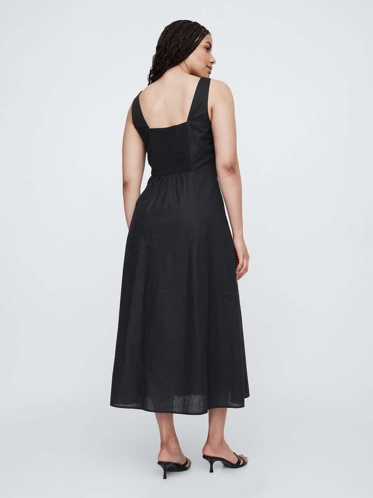 Linen-Blend Squareneck Midi Dress