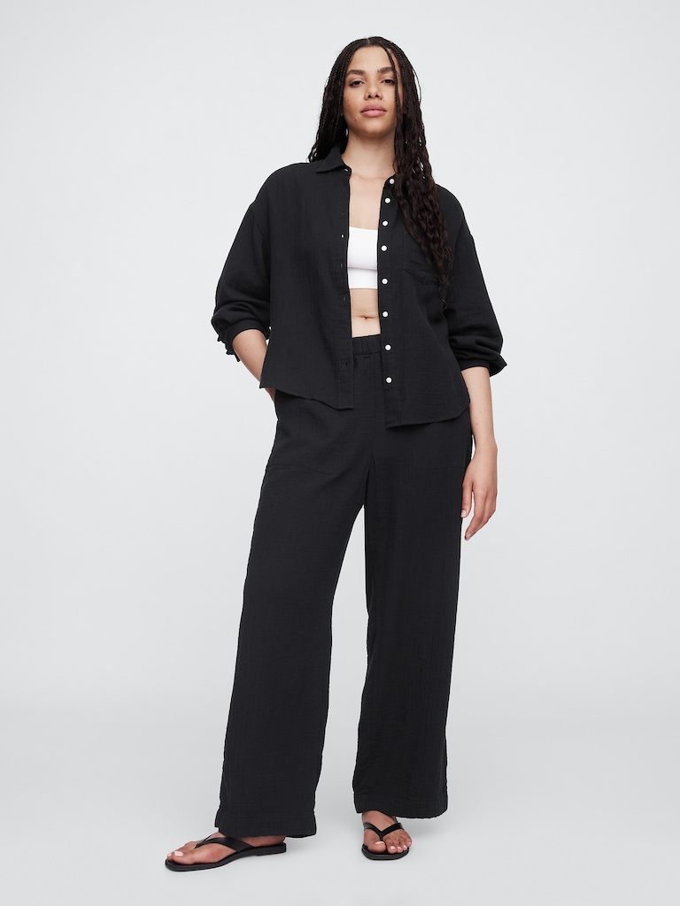 Mid Rise Gauze Pull-On Wide-Leg Pants