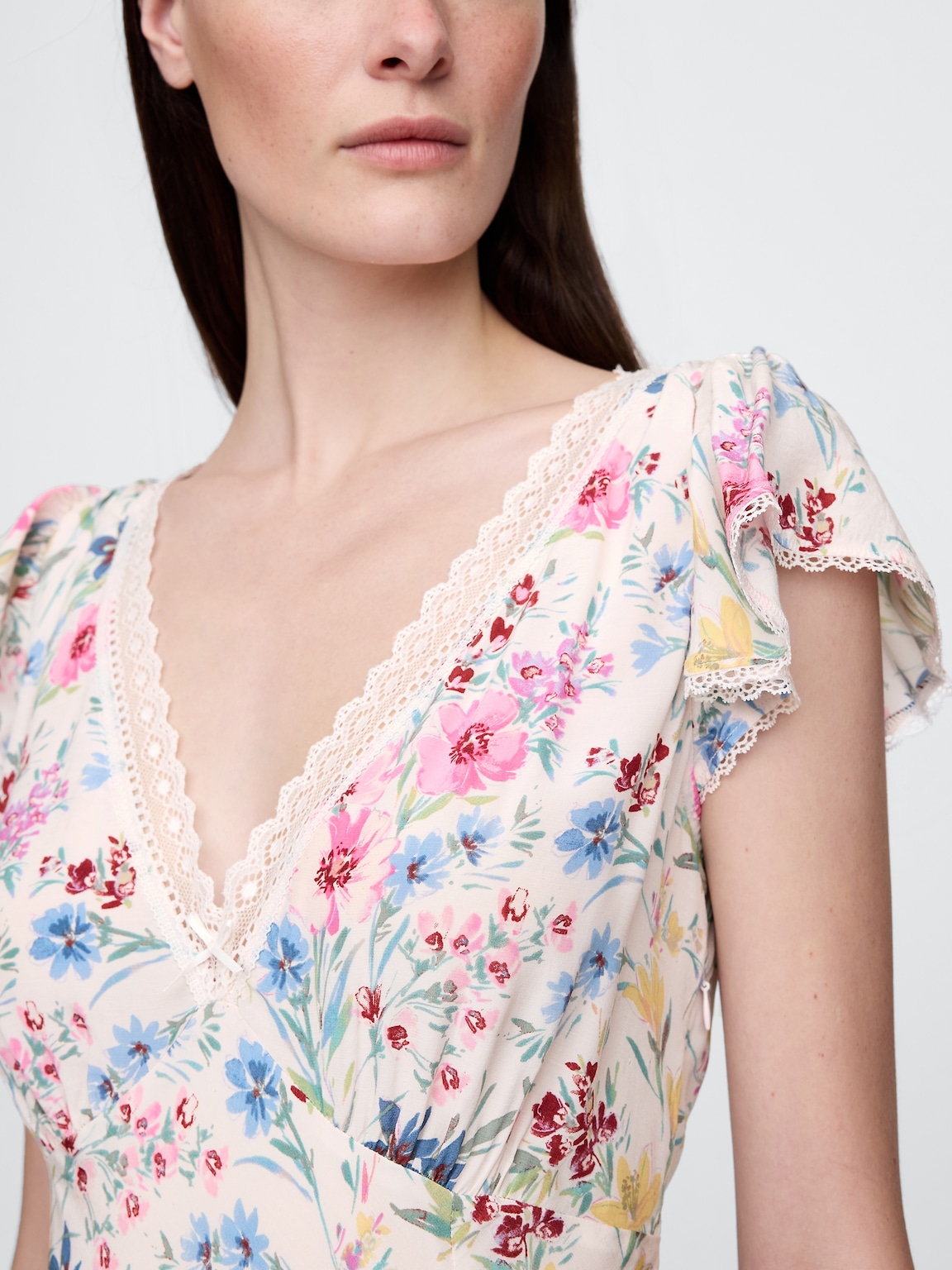 Lace-Trim V-Neck Crepe Maxi Dress