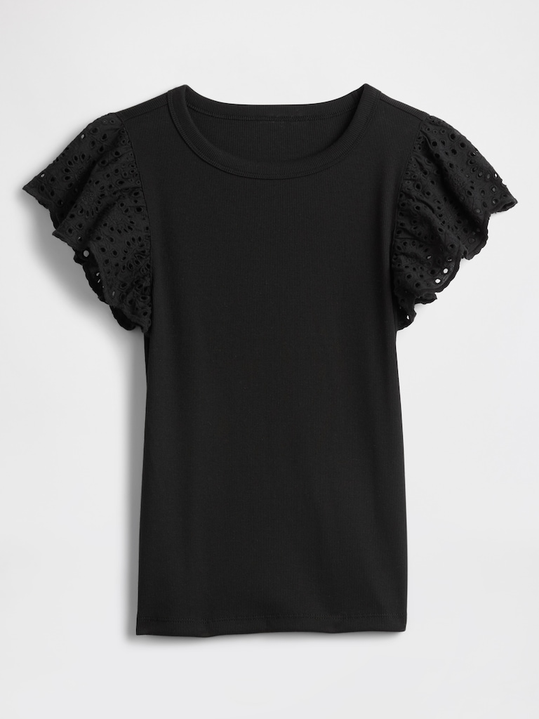 Ribbed Eyelet Flutter Sleeve T-Shirt