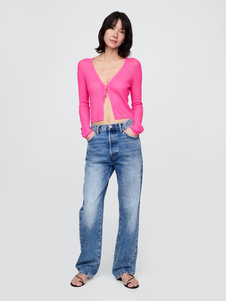 Sheer Rib Tie-Front Crop Cardigan Sweater