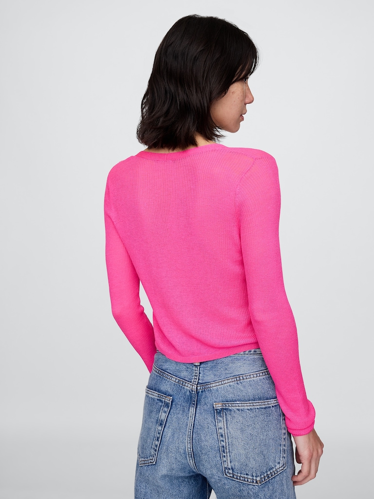 Sheer Rib Tie-Front Crop Cardigan Sweater