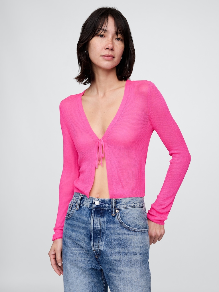 Sheer Rib Tie-Front Crop Cardigan Sweater