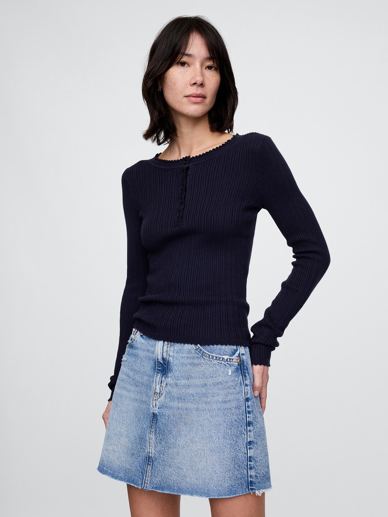 Pointelle Henley Sweater Top