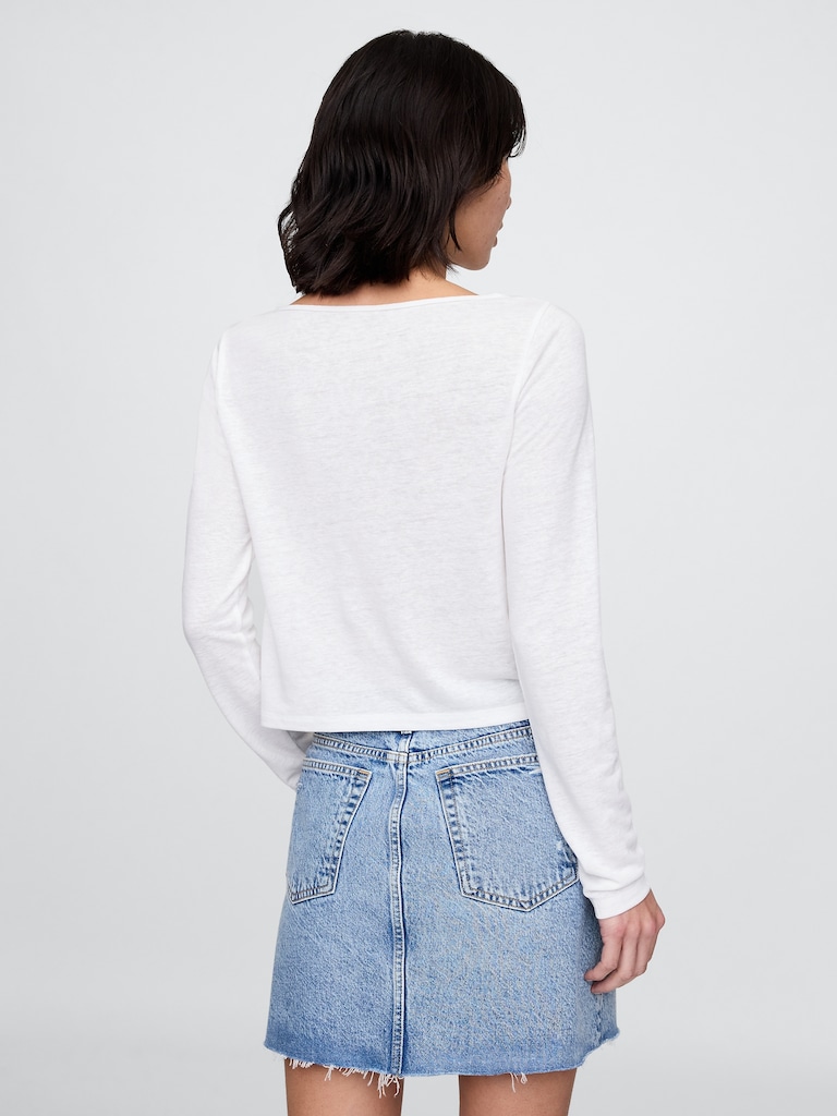 Linen-Blend Boatneck Crop T-Shirt