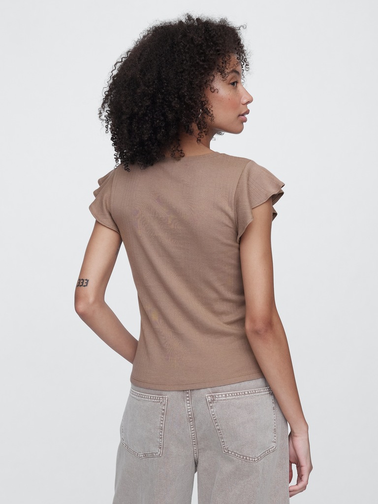 Ribbed Flutter Sleeve T-Shirt