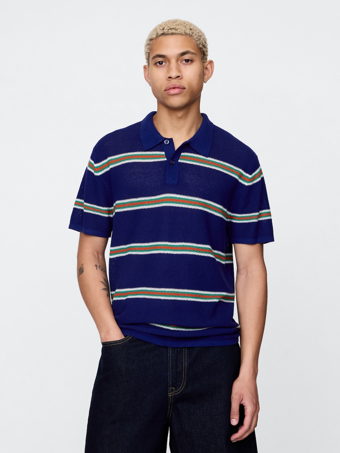 Textured Crochet Polo Sweater