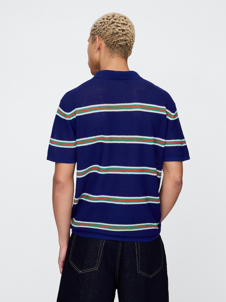 Textured Crochet Polo Sweater